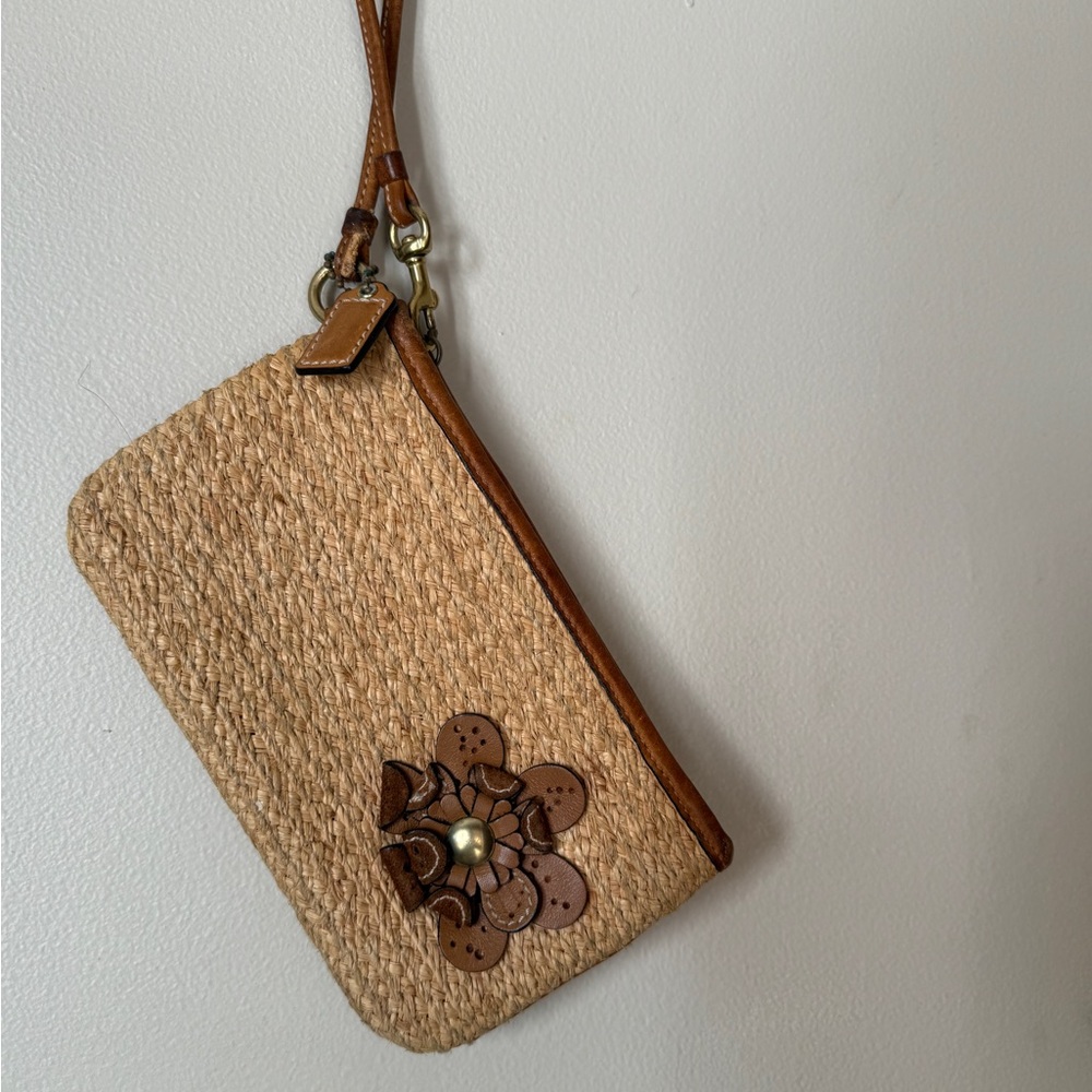 Coach Tan Woven Wristlet with Floral Detail